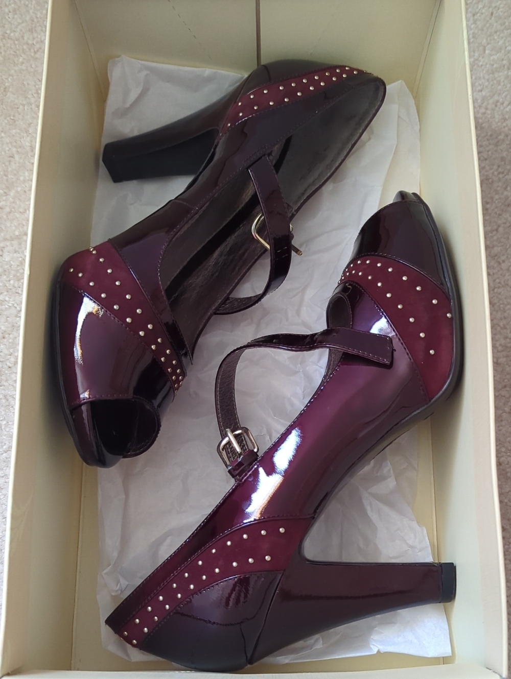 Söfft Burgundy Patent Peep-Toe Mary Jane Heels with Stud Accents